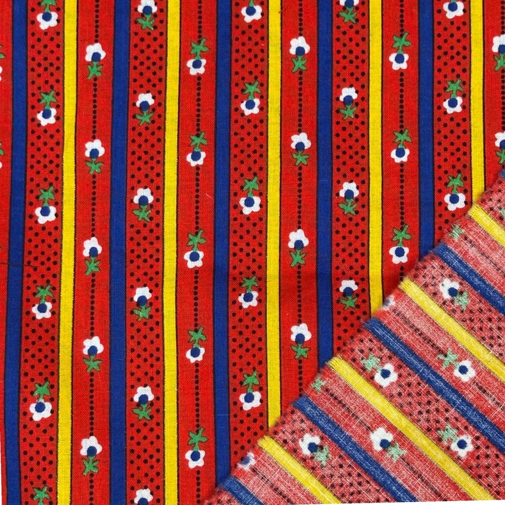 Vtg Peter Pan Fabrics Red Blue Yellow Floral Stripe Cotton Irregular Cut